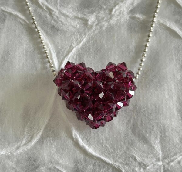 Beaded Swarovski Crystal Heart Necklace on Sterling Silver Ball Chain - Image 2