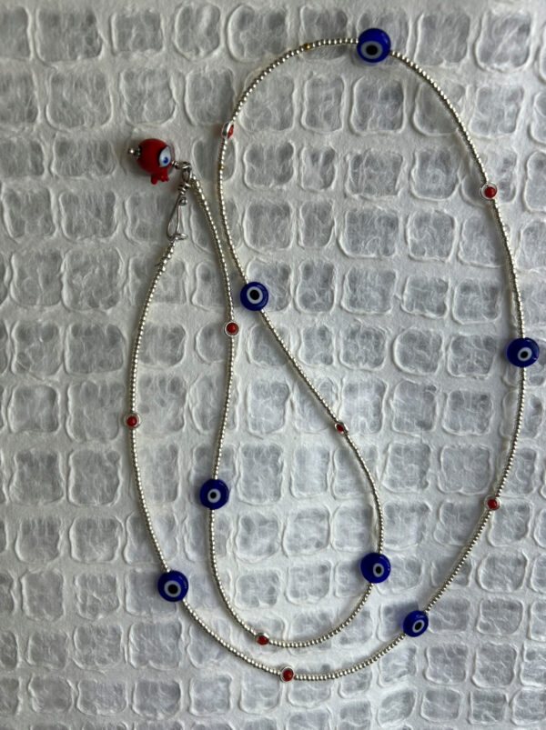 Silver Seed Bead Eye Bead Necklace with Coral Accents - Image 3
