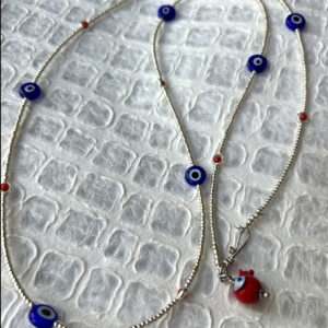 Silver Seed Bead Eye Bead Necklace with Coral Accents