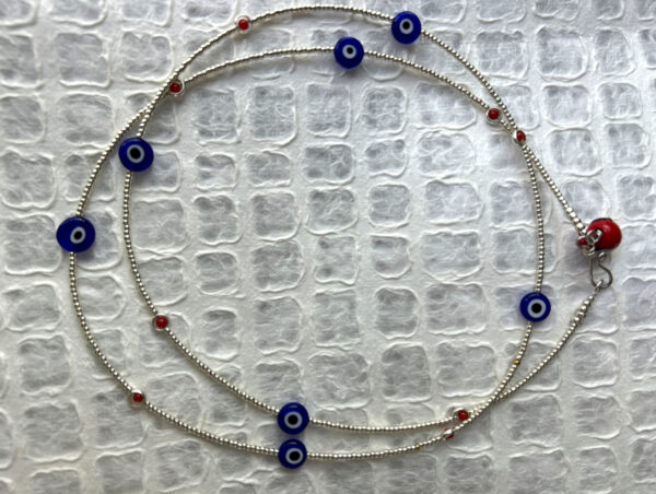 Silver Seed Bead Eye Bead Necklace with Coral Accents - Image 2