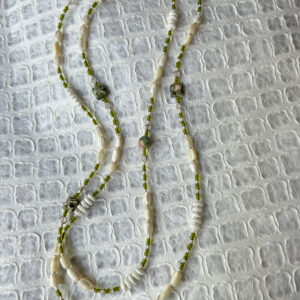 Olive and cream tone long necklace with shell, mother of pearl and stone