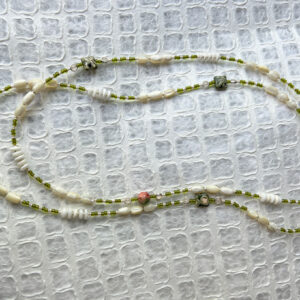 Alternative view of Olive and cream tone long necklace with shell, mother of pearl and stone