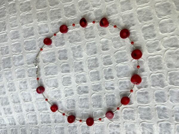 Coral and silver seed bead choker necklace