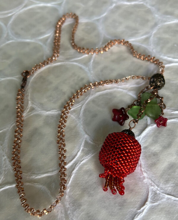 Hand-beaded red Pomegranate necklace with Czech glass flowers and leaves - Image 6