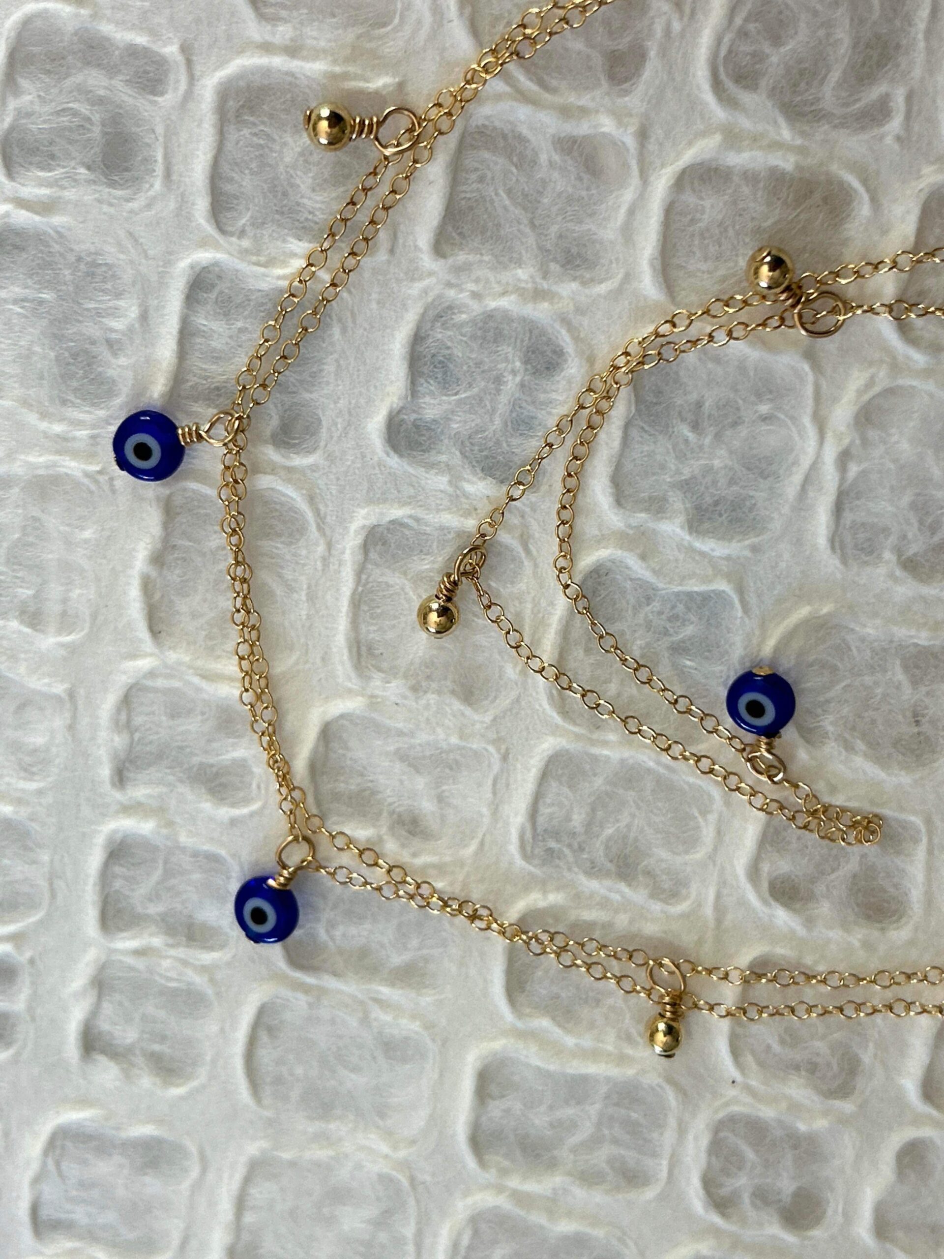 Wear it Singly, Doubled, or Tripled - Long length gold fill chain necklace with tiny evil eye beads - Image 2
