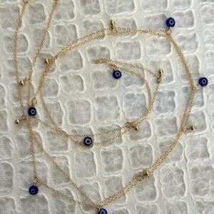 Wear it Singly, Doubled, or Tripled - Long length gold fill chain necklace with tiny evil eye beads
