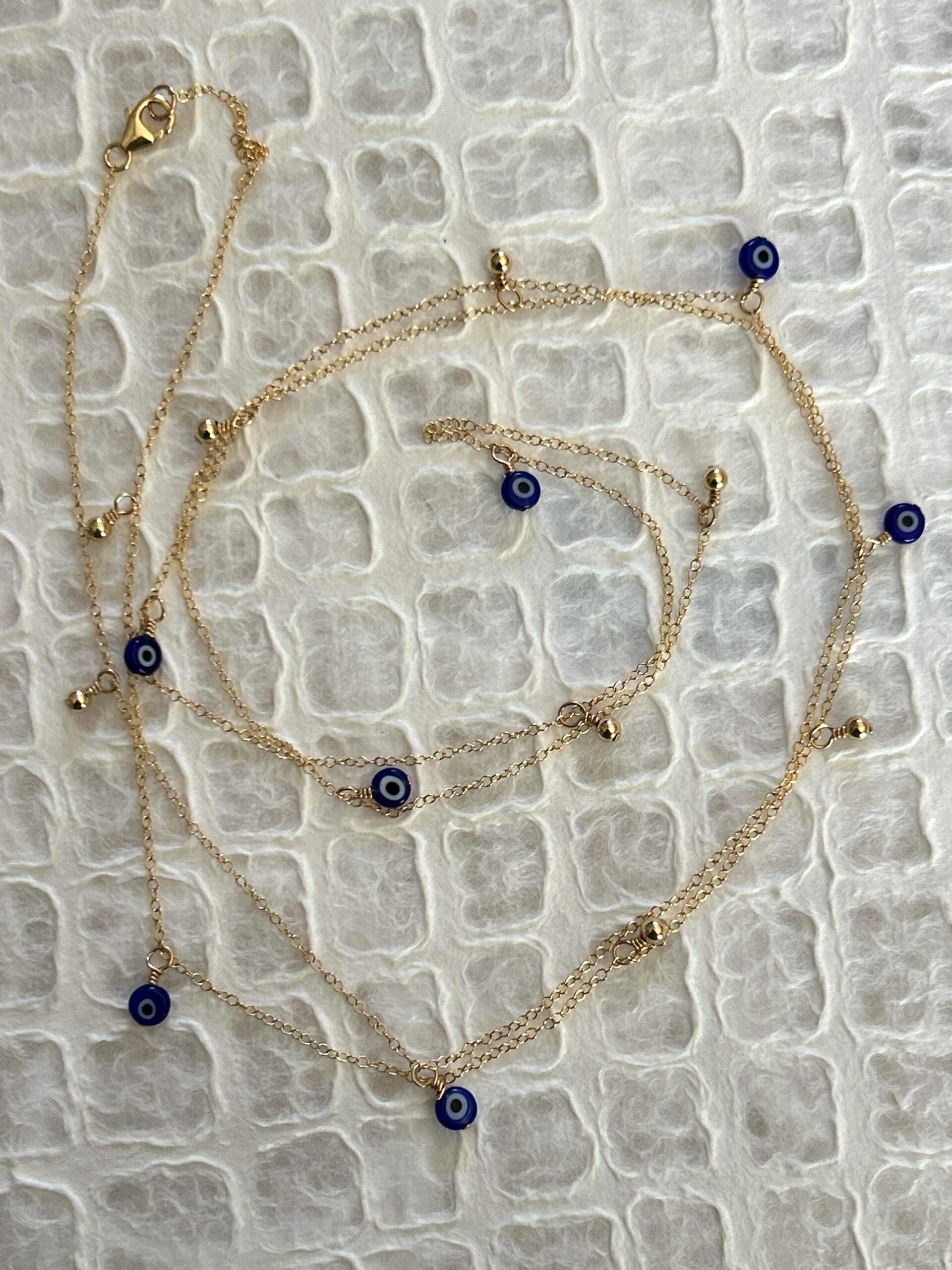 Wear it Singly, Doubled, or Tripled - Long length gold fill chain necklace with tiny evil eye beads